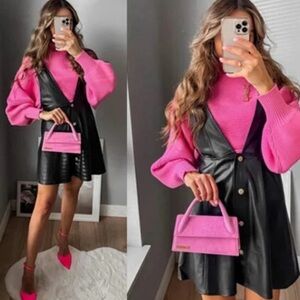 Zara Black Faux Leather Pinafore Mini Dress with Gold Buttons